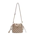 Sac seau tissé beige avec cordon de serrage et bandoulière réglable pour femmes - Kaki