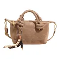 Borsa a tracolla in pelle scamosciata marrone con manico annodato e ciondolo nappa - Grigio Beige Con Ciondolo