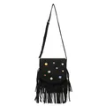 Bolso bandolera negro de cuero mate con flecos, botones coloridos y correa ajustable - Negro