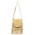 Bolso bandolera retro bohemio de gamuza beige con botones de colores y flecos - Caqui