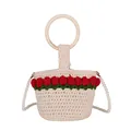Bolso cubo de estilo campestre francés con tulipanes tejidos, asa de madera y perlas - Caqui