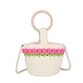Bolso tipo cubo de ganchillo estilo francés con flores de punto y correa de perlas - Blanco Roto
