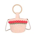 Bolso saco rosa de ganchillo con motivos de tulipanes rojos y asa de madera - Rosa