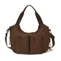 Bolso tote de lona a cuadros marrones con bolsillos dobles y correas ajustables - Marrón