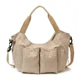 Bolso tote de lona a cuadros caqui con bolsillos delanteros y correa ajustable - Caqui