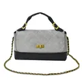 Bolso bandolera de ante gris y cuero negro con costuras de rombos y cadena dorada - Gris