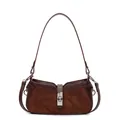 Bolso de hombro retro marrón en gamuza y cuero con costuras de rombos y cierre de plata - Café