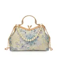 Elegant Chinese shell bag with floral embroidery, pearl handle and gold chain strap - Blue