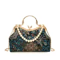 Blue Chinoiserie shell handbag with floral embroidery and pearl handle strap - Black