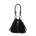 Bolso saco vintage de ante negro con asa de cuentas de madera y cordón ajustable - Negro