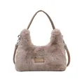 Sac bandoulière en peluche marron avec texture fausse fourrure et poignée en cuir - Marron