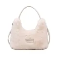 Sac bandoulière en peluche blanc crème avec poignée ronde et étiquette brodée - Blanc