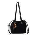 Bolso saco retro negro mate con correas de cuero y cuentas de madera decorativas - Negro
