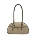 Sac baguette kaki tissé rétro avec bordure en cuir marron foncé et boucle dorée - Gris