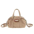 Retro washed denim Boston handbag in tan brown with adjustable leather shoulder strap - Khaki