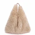 Plush faux fur tote bag in khaki with sleek leather handle for autumn winter fashion - Khaki