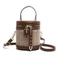 Bolso cubo de cuero marrón y tweed de cuadros con asa superior y detalles dorados - Pata de Gallo Marrón