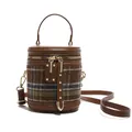 Bolso cubo cilíndrico retro de lana a cuadros y cuero marrón con correa ajustable - Marrón a Cuadros