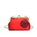 Red silk crossbody bag with black traditional floral patterns and gold chain strap - Red Dragon Style