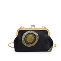 Elegant black silk shell bag with golden embroidery and chain strap for women - Black Ruyi Style