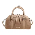 Bolso Boston vintage marrón claro de ante mate con adornos de cuero liso y herrajes plata - Caqui