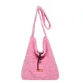 Bolso tote de felpa rosa con forro de cuadros y detalle de etiqueta de cuero - Rosa
