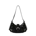 Bolso de hombro negro con textura de cocodrilo brillante y hebilla de plata - Negro