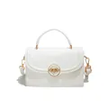 Elegant white litchi pattern leather handbag with gold ring clasp and top handle - White