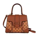 Retro brown lychee leather handbag with floral monogram and metal rivet details - Khaki