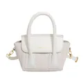 Elegante bolso beige trenzado con asas superiores y detalles dorados para mujer - Blanco