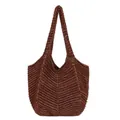 Dark brown knit tote bag with chevron texture and wide shoulder strap for autumn - Brown
