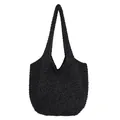 Minimalist black knitted tote bag with textured plush finish and long shoulder strap - Black