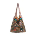 Gestreifte Strick-Tote-Bag mit bunten 3D-Pilz-Applikationen und rosa Tragegriffen - Bunt