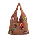 Brown knit tote bag with cryptozoology embroidered patches like Bigfoot and Mothman - Brown