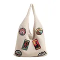 Off-white knit tote bag with vintage cryptid mothman embroidery patches - Off White