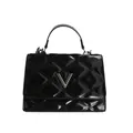 Sac à main en cuir verni noir avec matelassage en losanges et logo V argenté - Noir