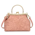 Pink retro shell bag with 3D floral embossing and crystal-inlaid gold metal frame - Pink