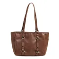 Vintage brown leather tote bag with silver metal ring and side pockets in 2025 autumn style - Brown