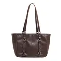 Deep brown retro faux leather tote bag with rivets and metal ring shoulder strap - Brown