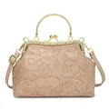 Retro shell bag in nude pink with floral relief and rhinestone-encrusted metal frame - Khaki