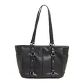 Retro black large capacity faux leather tote bag with silver hardware and shoulder straps - Black