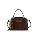 Dunkelbraune Kelly-Tasche aus Wildleder mit Holzperlen und Bronze-Verschluss - Mit Holzperlen-Anhänger / Braun