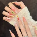 Handmade stiletto press-on nails with pink gradient and gold religious 3D relief art - XS / 2925-Long Stiletto