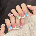 French square press-on nails with colorful 3D floral designs and gold bead accents - Extra Small (XS) / Duckbill Style (3417)