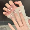 Sparkly pink cat eye press-on nails in medium long coffin shape with glitter finish - XS / New Medium Square (627)