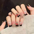 Handmade cherry black French square fake nails with 3D floral and rhinestone accents - Extra Small (XS) / 309-Short Duck Nails (Black Cherry French)