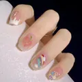 Handmade peach and rainbow cloud press-on nails with floral art in short square shape - XS / Peach Rainbow Cloud