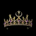 Detail of gold tiara with moon, stars, white rhinestones, and purple crystals - Gold Purple Style (HG-375 Gold+Purple)