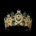 Luxury Baroque gold crown for brides with emerald green and clear crystal rhinestones - Gold + Green Gemstone