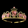 Golden heart princess crown with pink crystals and rhinestones for birthday parties - Gold Pink (HG-375)